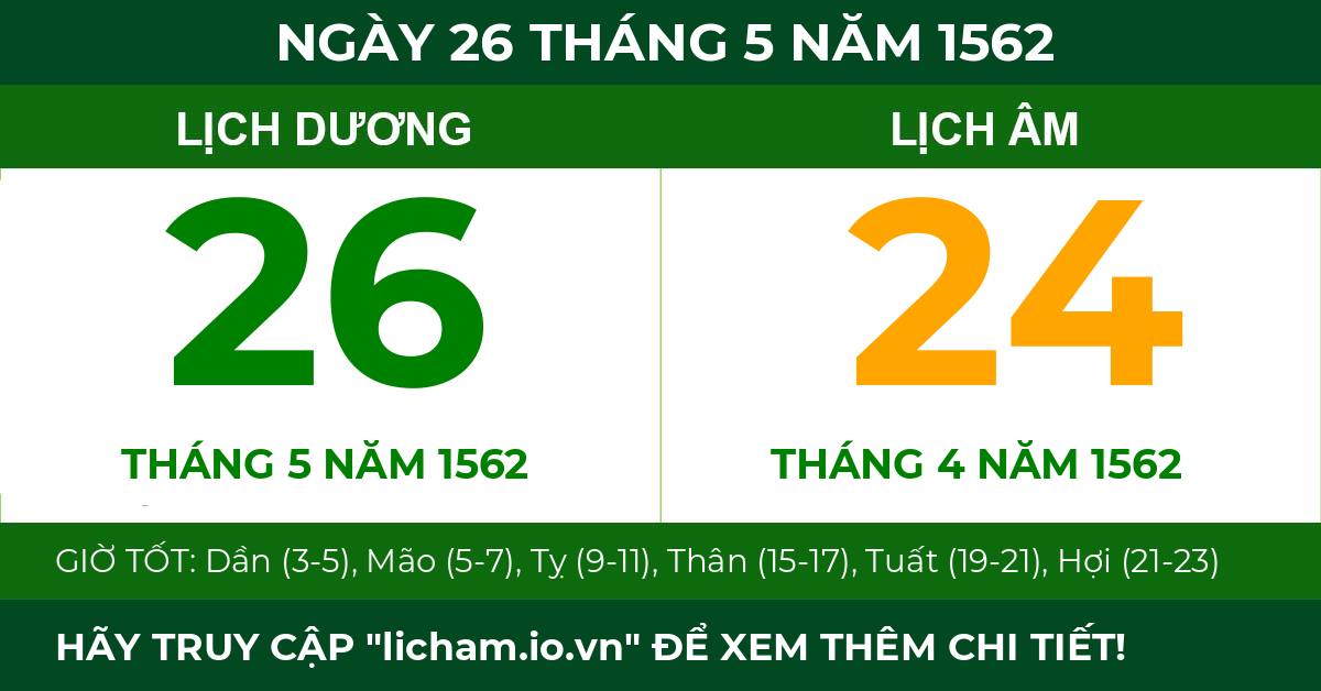lịch âm ngày 26 tháng 5 năm 1562