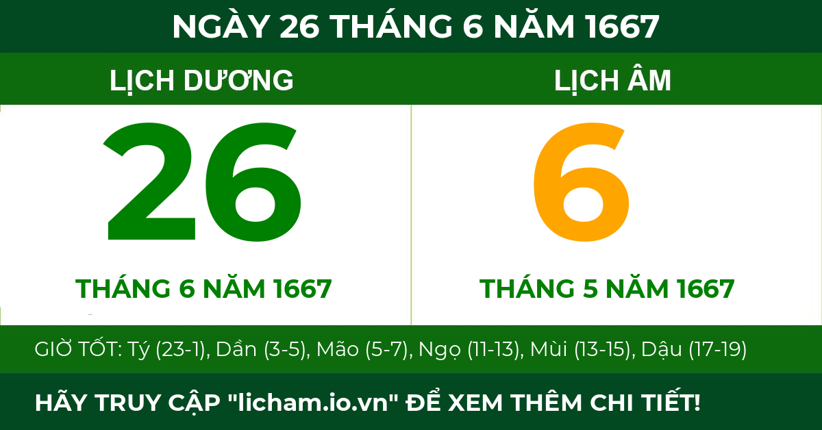 lịch âm ngày 26 tháng 6 năm 1667