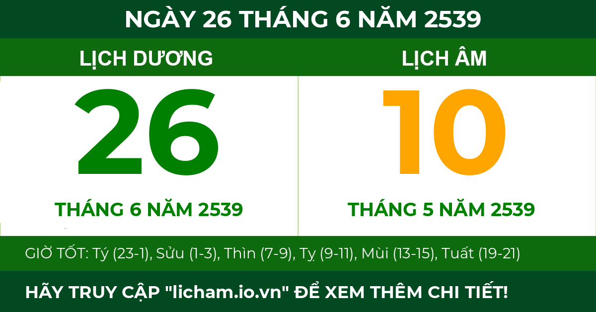 lịch âm ngày 26 tháng 6 năm 2539