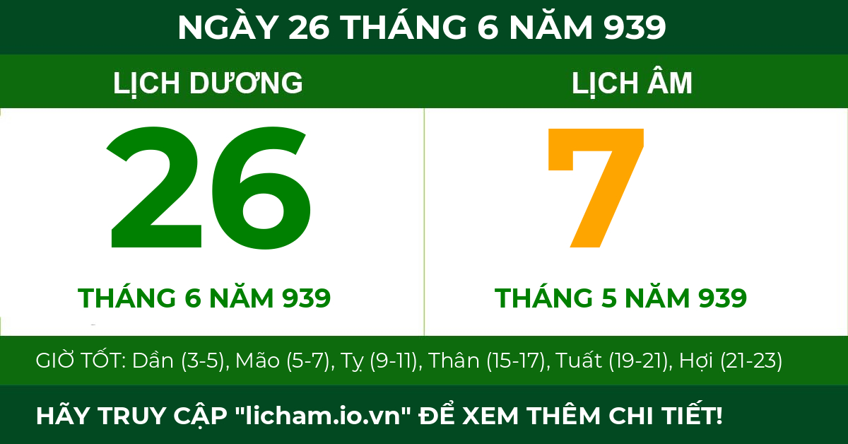 lịch âm ngày 26 tháng 6 năm 939