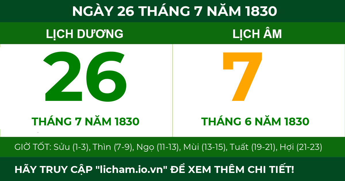 lịch âm ngày 26 tháng 7 năm 1830