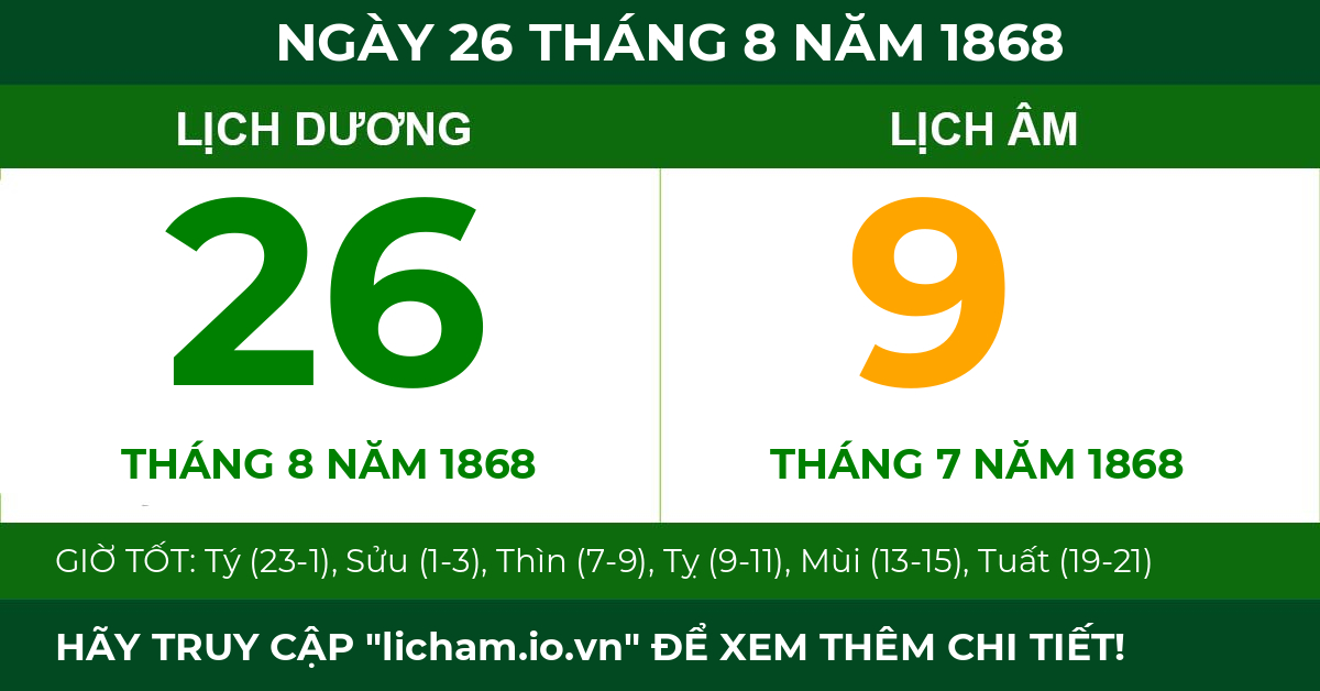 lịch âm ngày 26 tháng 8 năm 1868