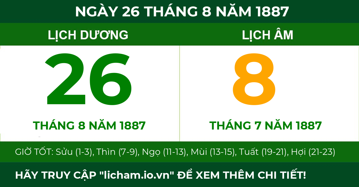 lịch âm ngày 26 tháng 8 năm 1887
