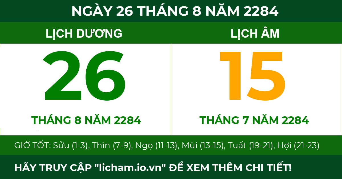 lịch âm ngày 26 tháng 8 năm 2284