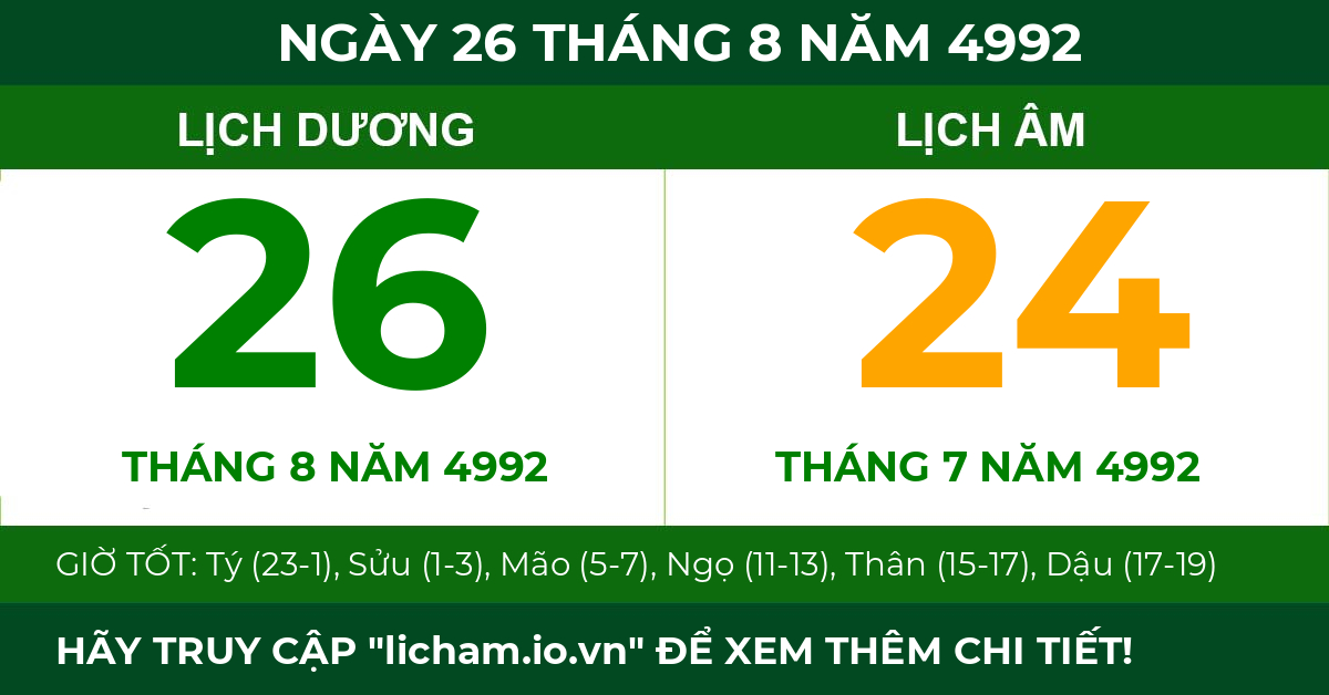 lịch âm ngày 26 tháng 8 năm 4992