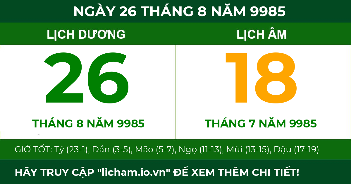 lịch âm ngày 26 tháng 8 năm 9985