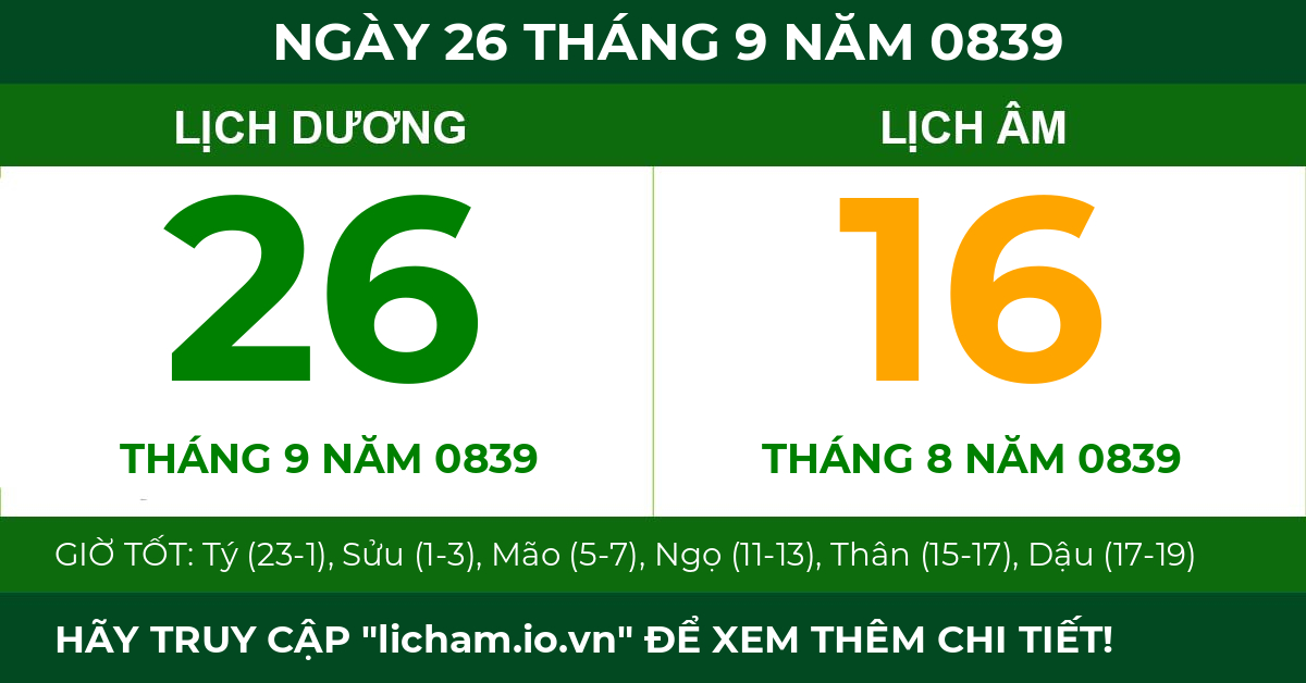 lịch âm ngày 26 tháng 9 năm 0839