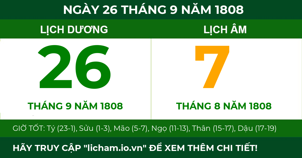 lịch âm ngày 26 tháng 9 năm 1808