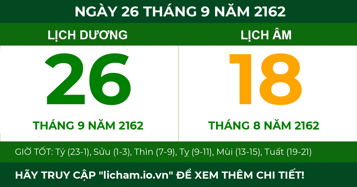 lịch âm ngày 26 tháng 9 năm 2162