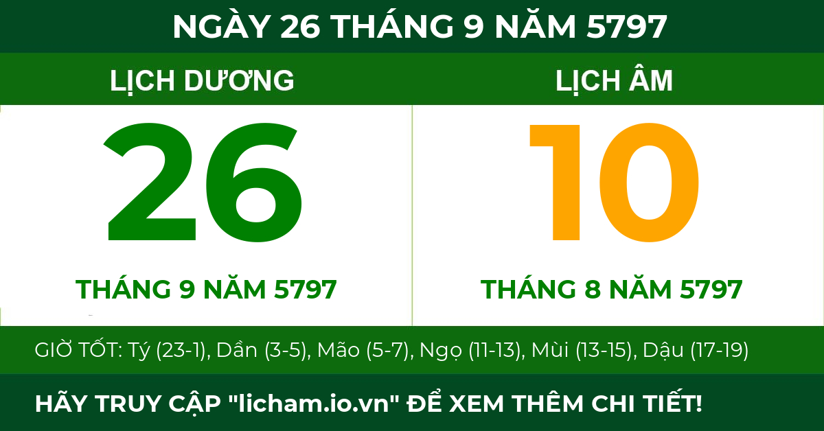 lịch âm ngày 26 tháng 9 năm 5797