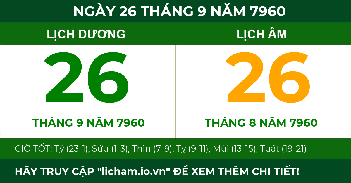 lịch âm ngày 26 tháng 9 năm 7960