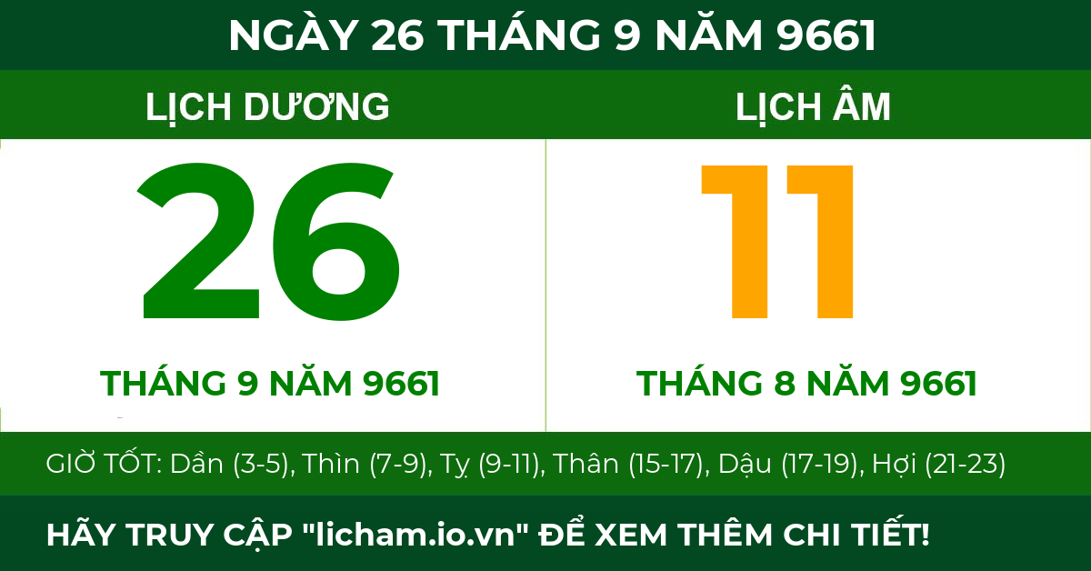 lịch âm ngày 26 tháng 9 năm 9661