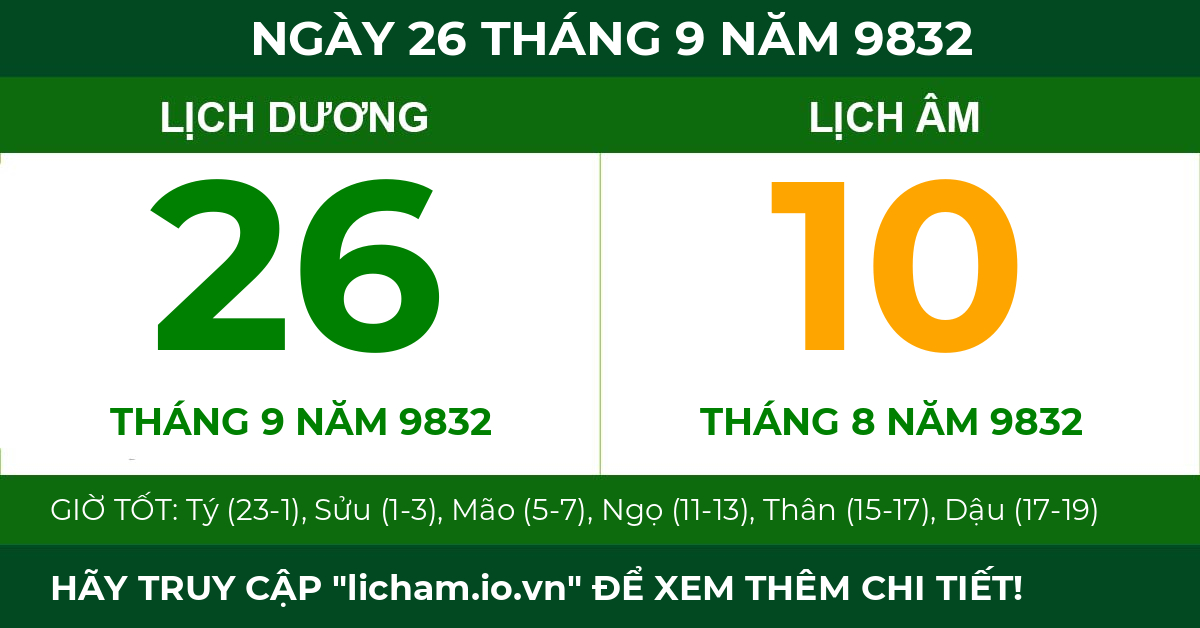 lịch âm ngày 26 tháng 9 năm 9832