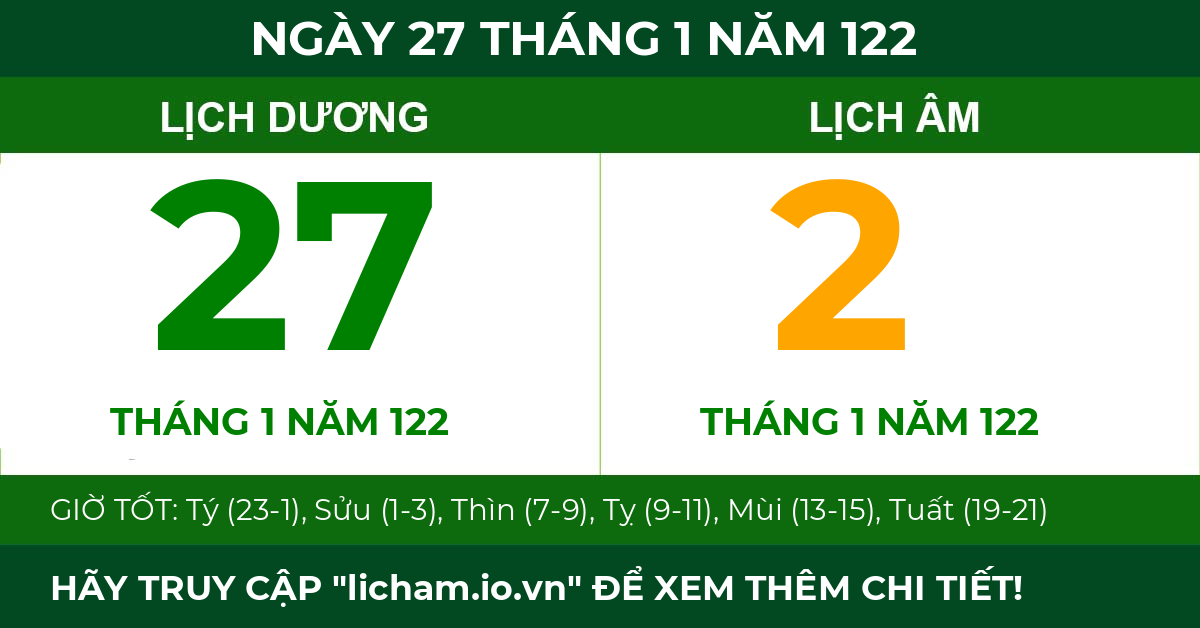 lịch âm ngày 27 tháng 1 năm 122