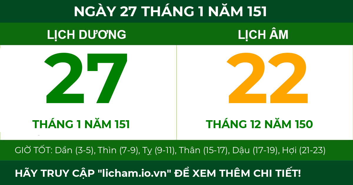 lịch âm ngày 27 tháng 1 năm 151