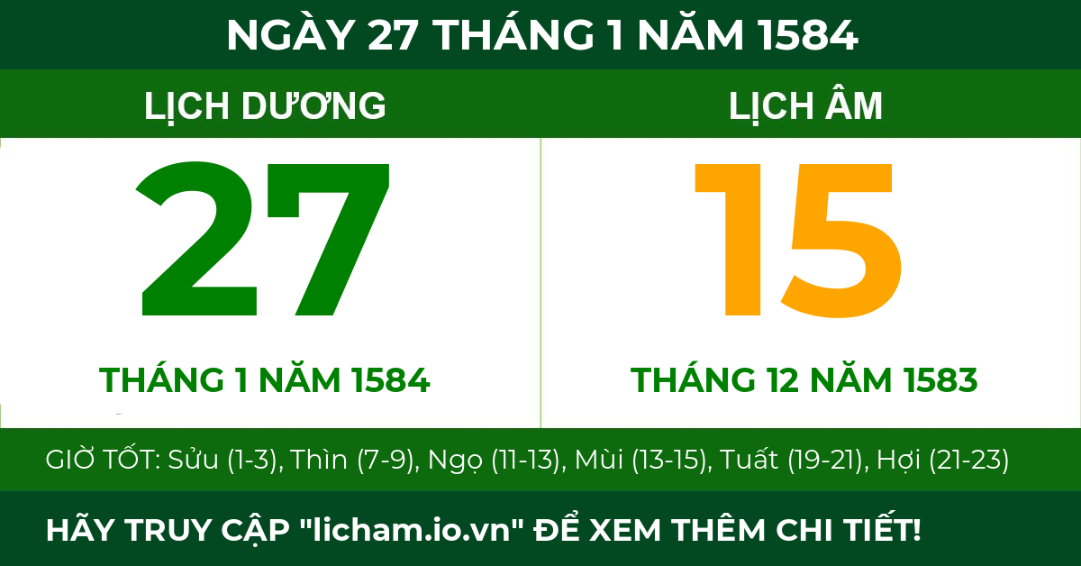 lịch âm ngày 27 tháng 1 năm 1584