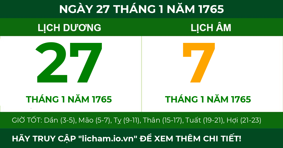 lịch âm ngày 27 tháng 1 năm 1765