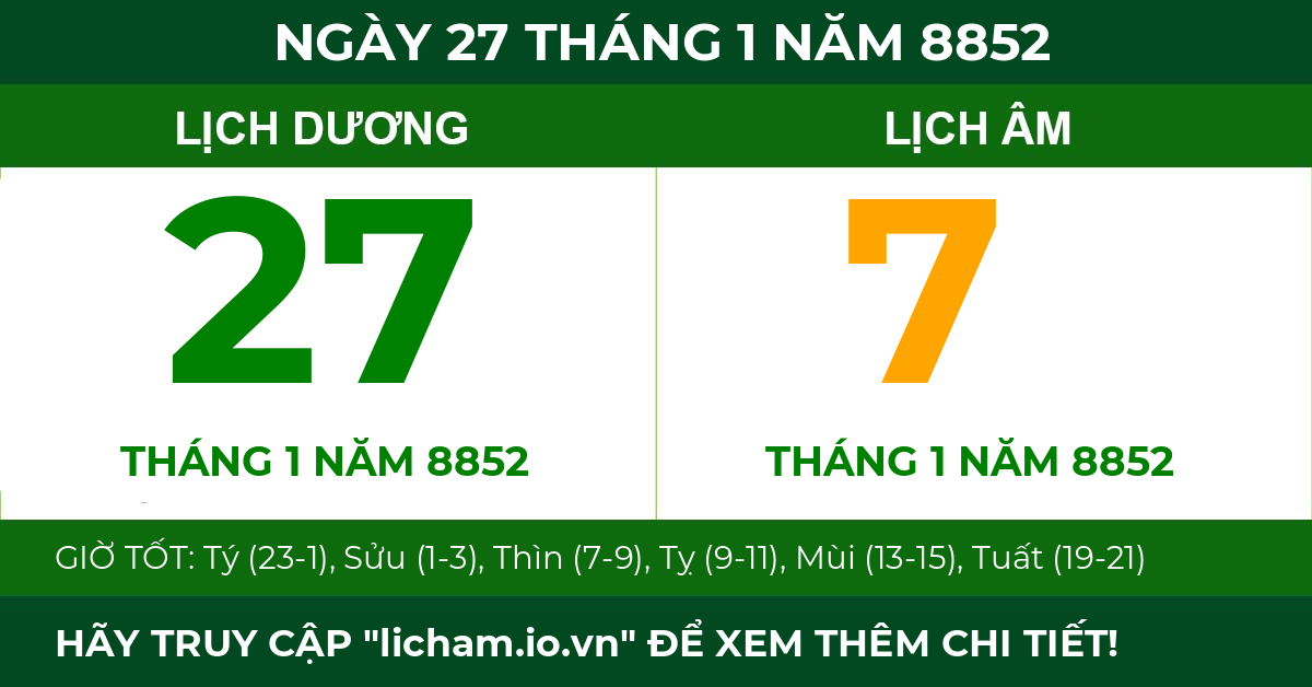 lịch âm ngày 27 tháng 1 năm 8852