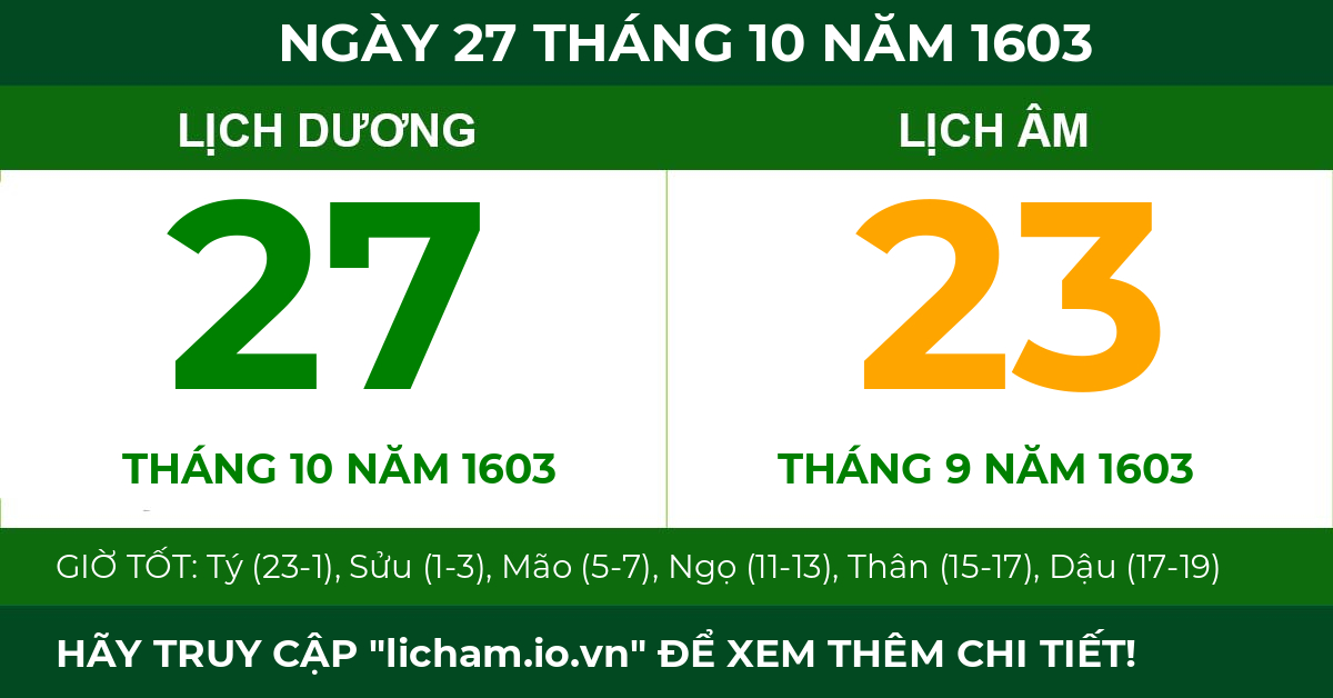 lịch âm ngày 27 tháng 10 năm 1603