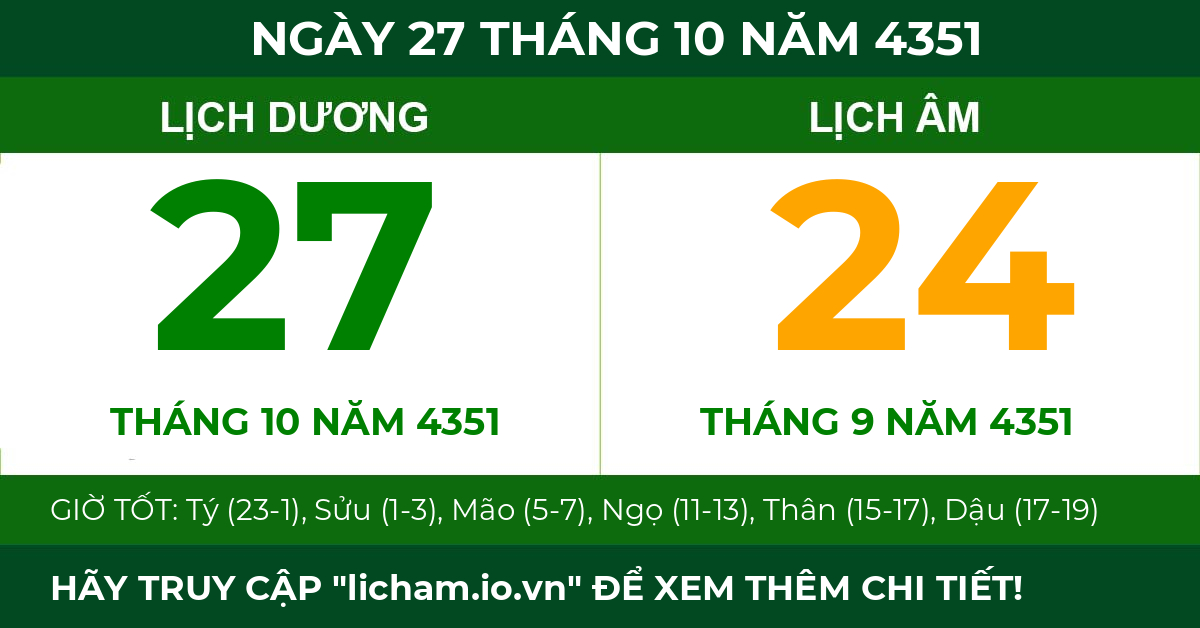 lịch âm ngày 27 tháng 10 năm 4351