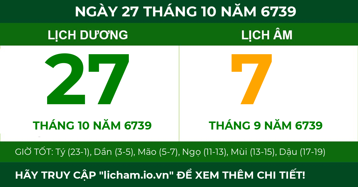 lịch âm ngày 27 tháng 10 năm 6739