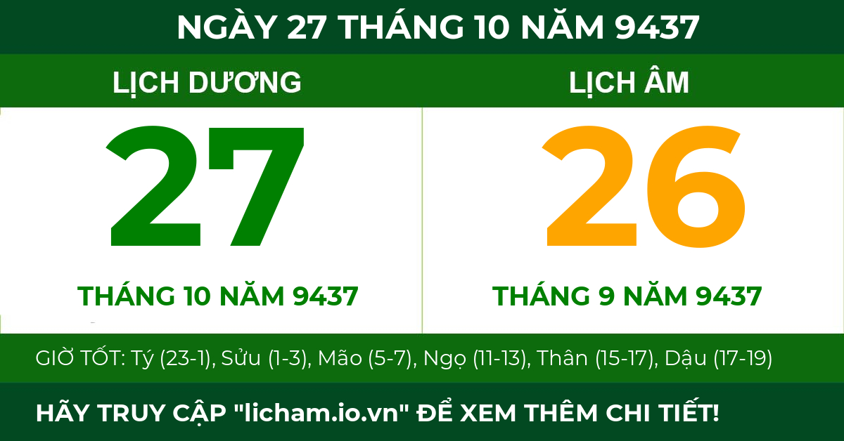 lịch âm ngày 27 tháng 10 năm 9437