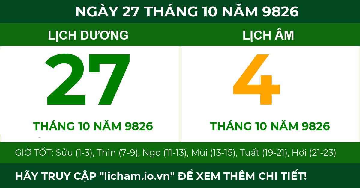 lịch âm ngày 27 tháng 10 năm 9826