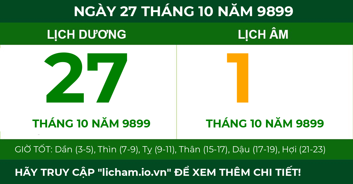 lịch âm ngày 27 tháng 10 năm 9899