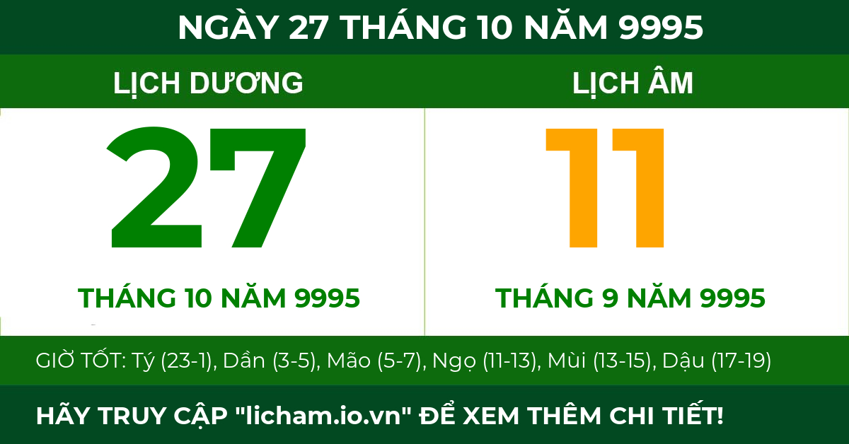 lịch âm ngày 27 tháng 10 năm 9995