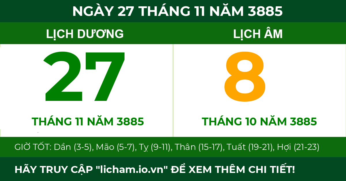 lịch âm ngày 27 tháng 11 năm 3885