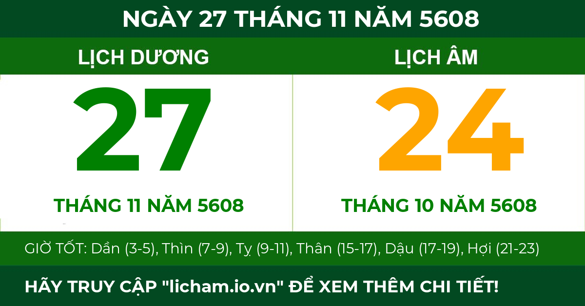 lịch âm ngày 27 tháng 11 năm 5608