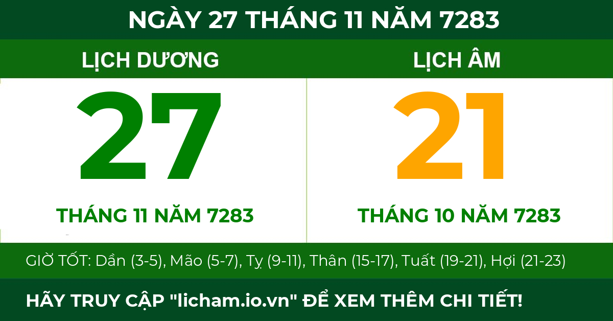 lịch âm ngày 27 tháng 11 năm 7283