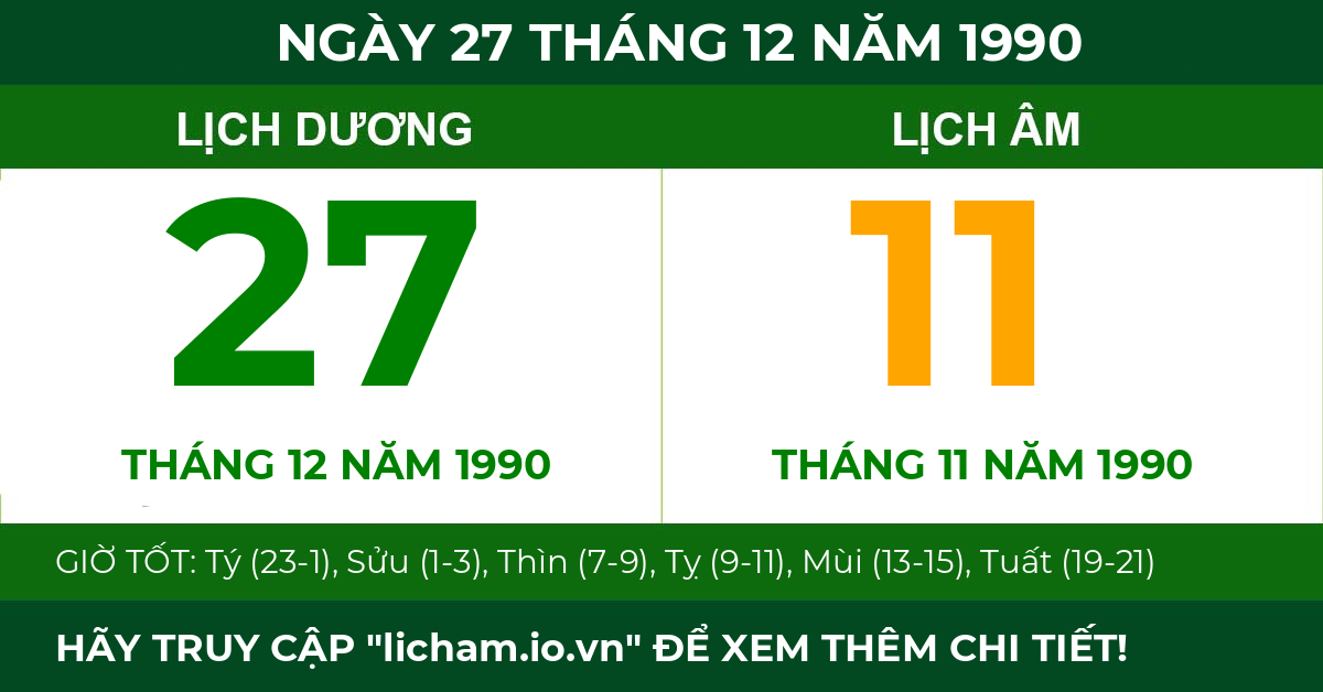 lịch âm ngày 27 tháng 12 năm 1990