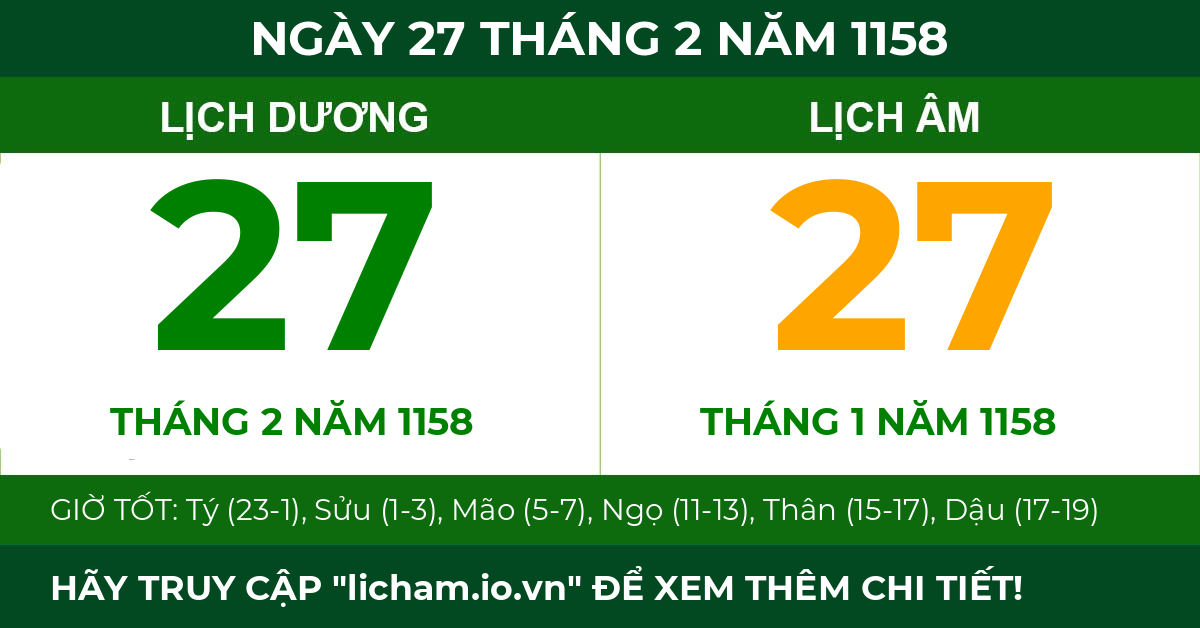 lịch âm ngày 27 tháng 2 năm 1158