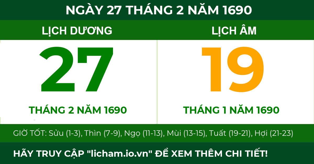 lịch âm ngày 27 tháng 2 năm 1690