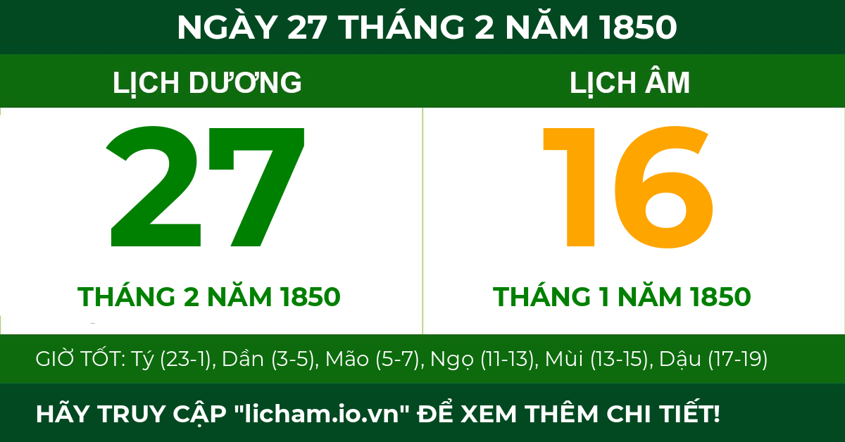 lịch âm ngày 27 tháng 2 năm 1850