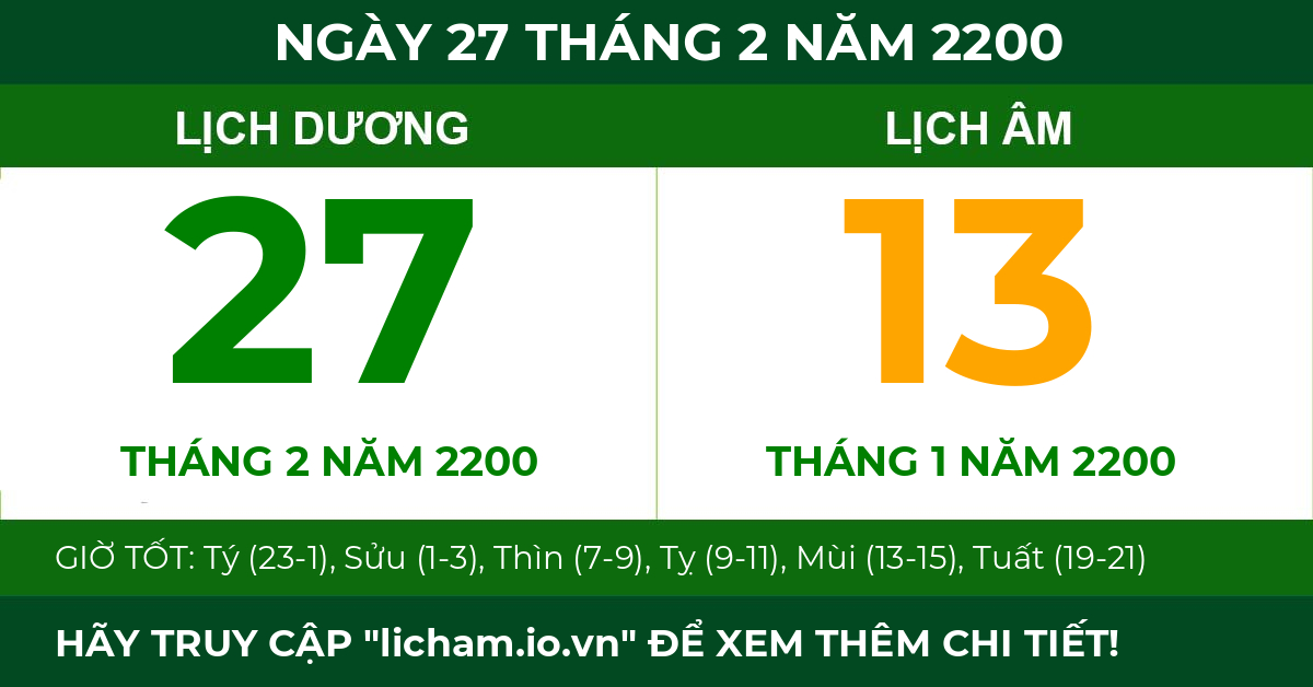 lịch âm ngày 27 tháng 2 năm 2200