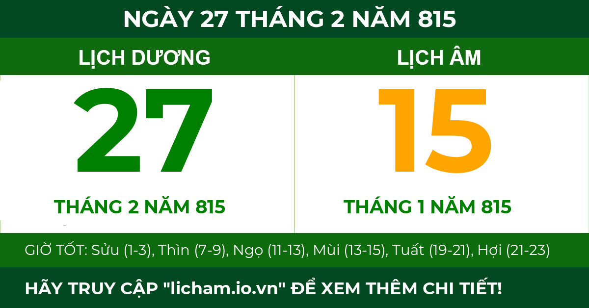 lịch âm ngày 27 tháng 2 năm 815