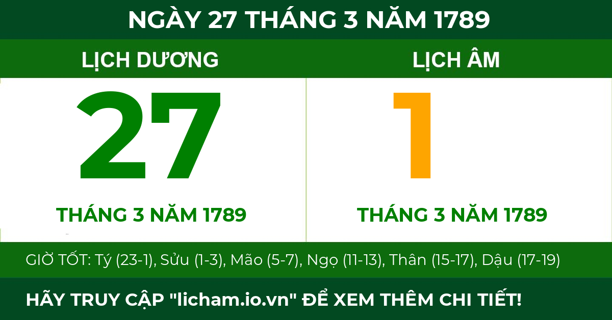 lịch âm ngày 27 tháng 3 năm 1789