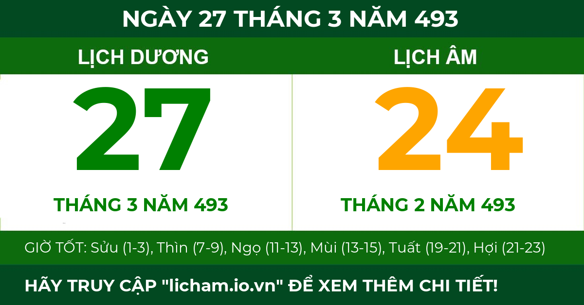 lịch âm ngày 27 tháng 3 năm 493