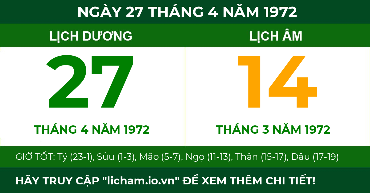 lịch âm ngày 27 tháng 4 năm 1972
