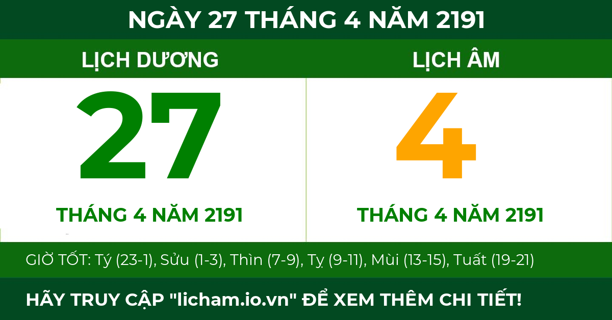 lịch âm ngày 27 tháng 4 năm 2191