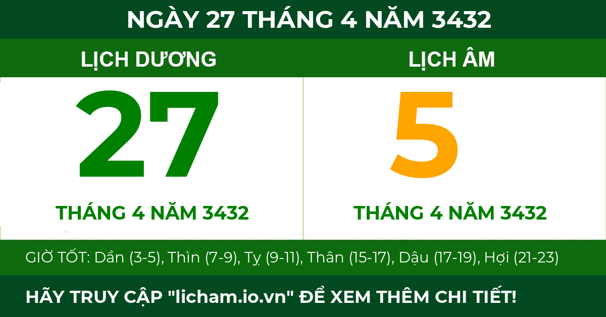 lịch âm ngày 27 tháng 4 năm 3432