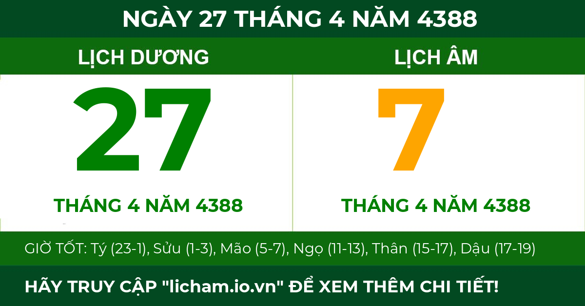 lịch âm ngày 27 tháng 4 năm 4388