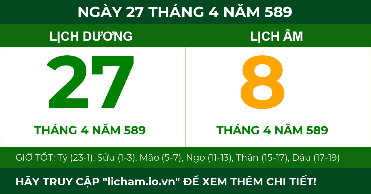 lịch âm ngày 27 tháng 4 năm 589