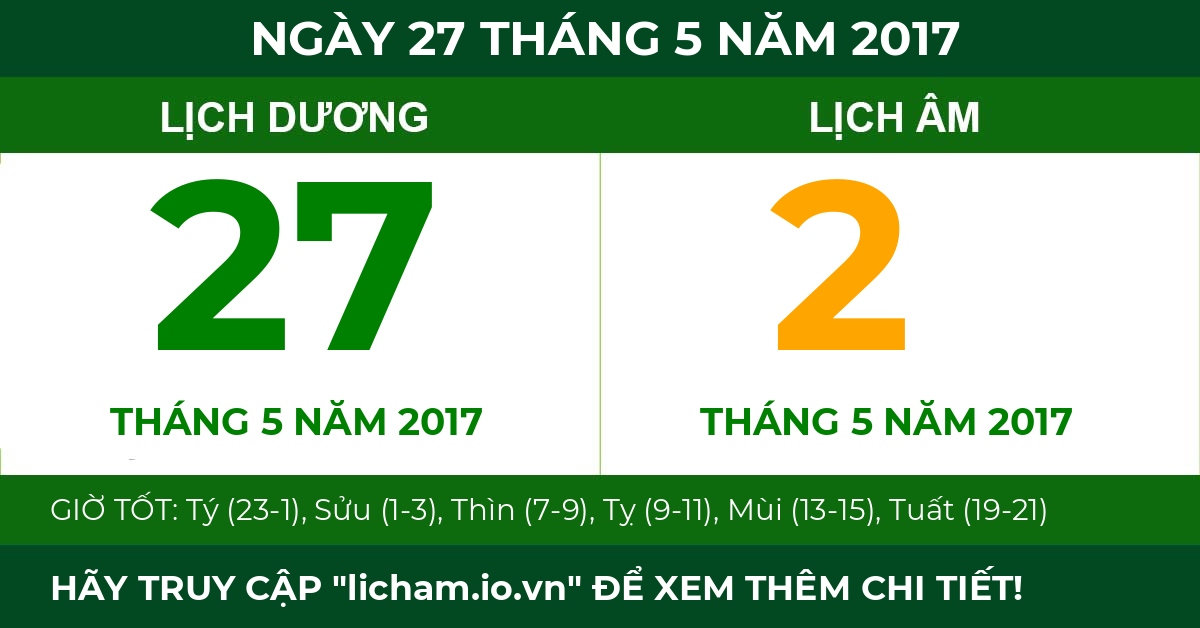 lịch âm ngày 27 tháng 5 năm 2017