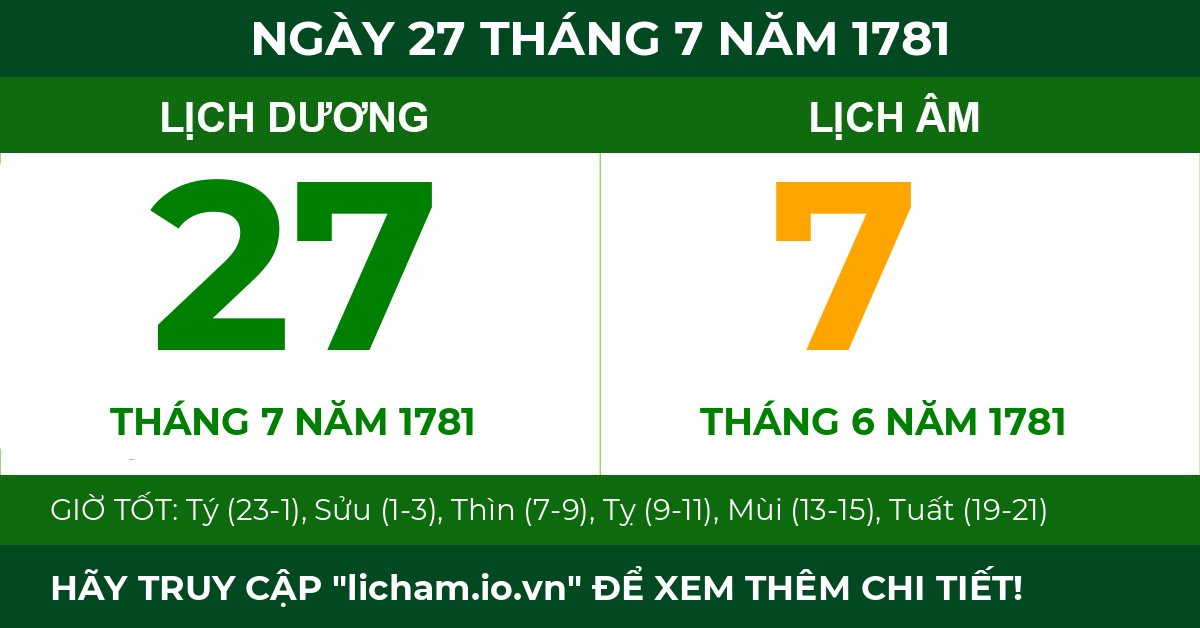 lịch âm ngày 27 tháng 7 năm 1781
