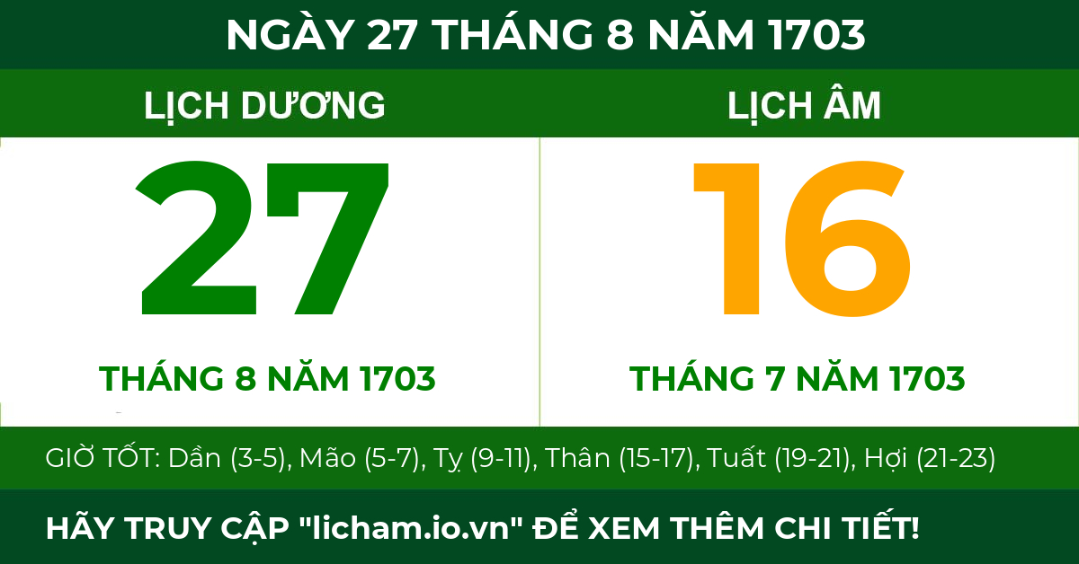 lịch âm ngày 27 tháng 8 năm 1703