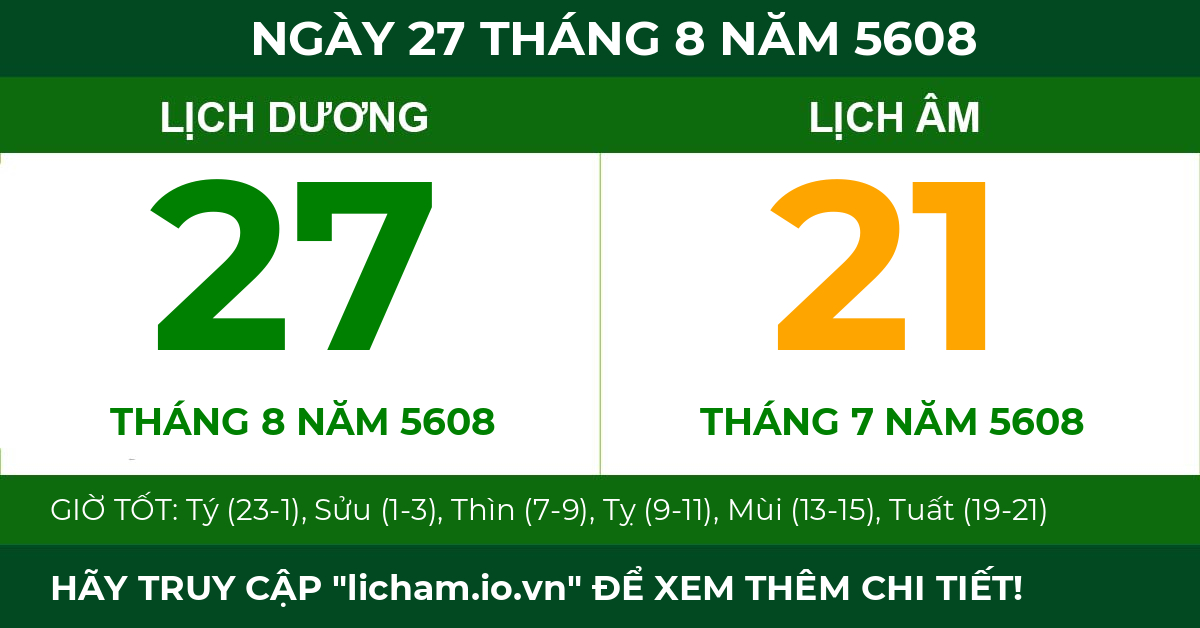 lịch âm ngày 27 tháng 8 năm 5608