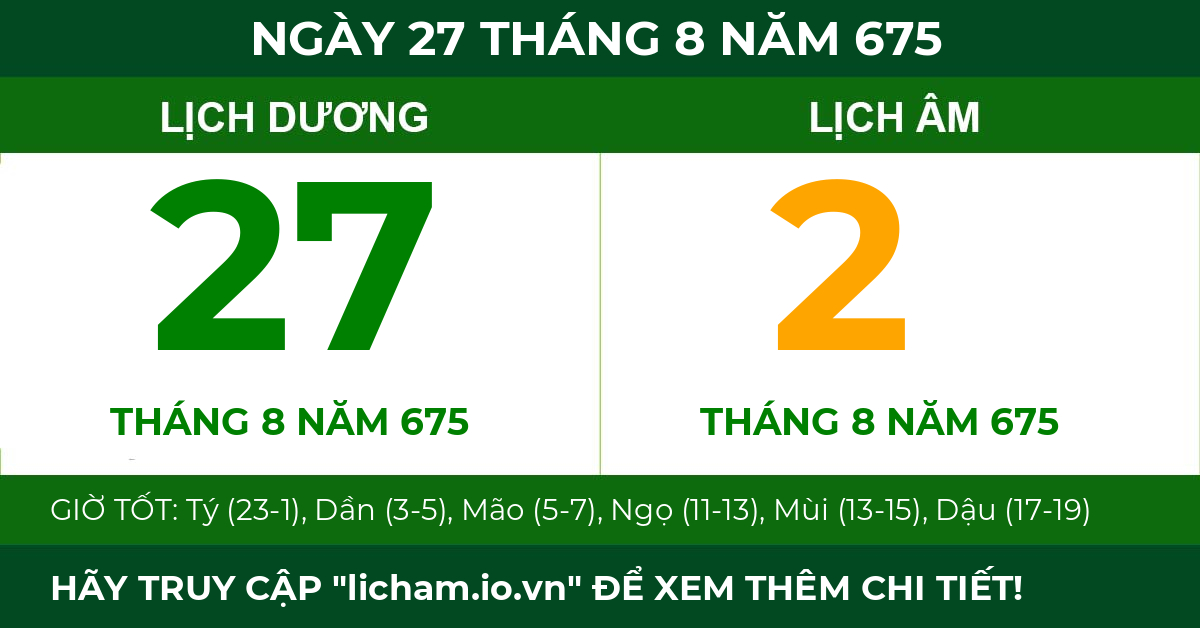 lịch âm ngày 27 tháng 8 năm 675